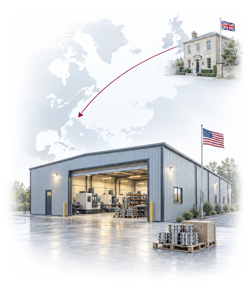 Photograph-style illustration of Project 1407: a UK head office linked to a CNC machining plant in the United States