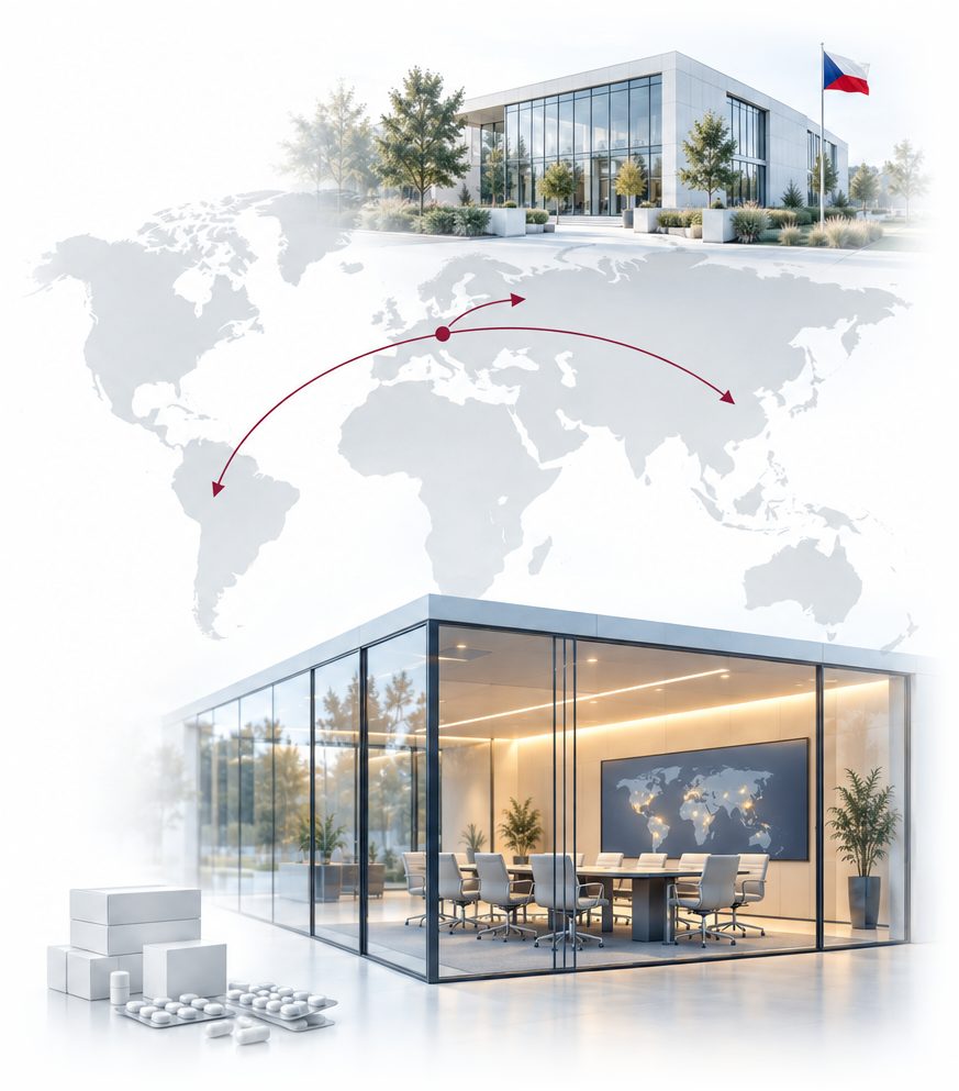Photograph-style illustration of Project 1410: a Central European head office linked by routes to markets on three continents, with a glass-walled commercial leadership room