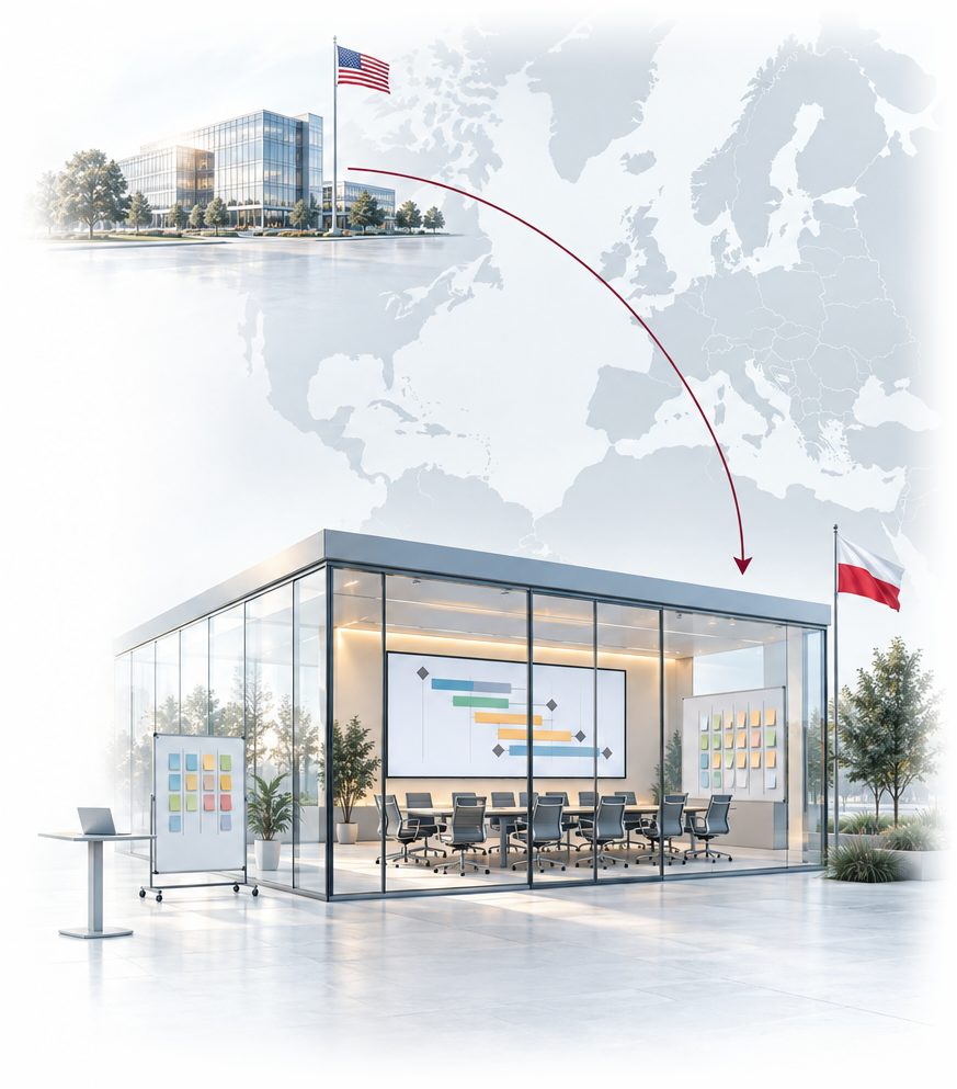 Photograph-style illustration of Project 1411: a US head office linked to an ERP programme office in Poland with a project timeline and sprint boards