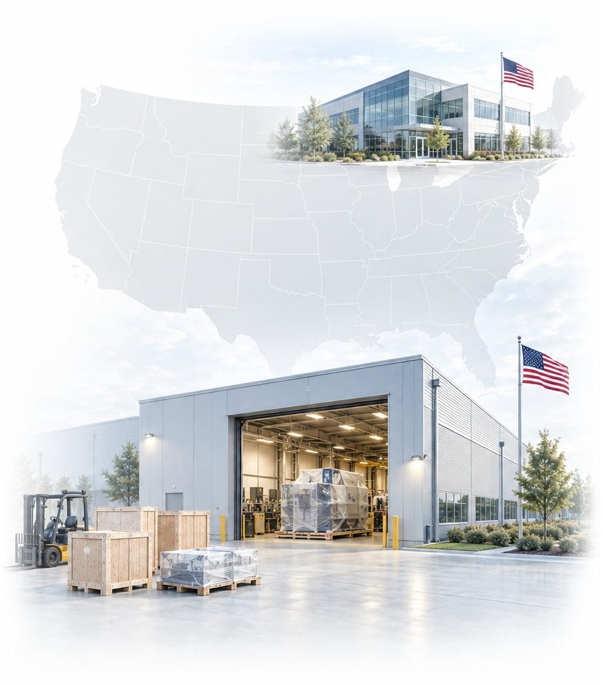 Photograph-style illustration of Project 1413: a US manufacturing plant preparing machines for relocation, with a head office on a map of the United States