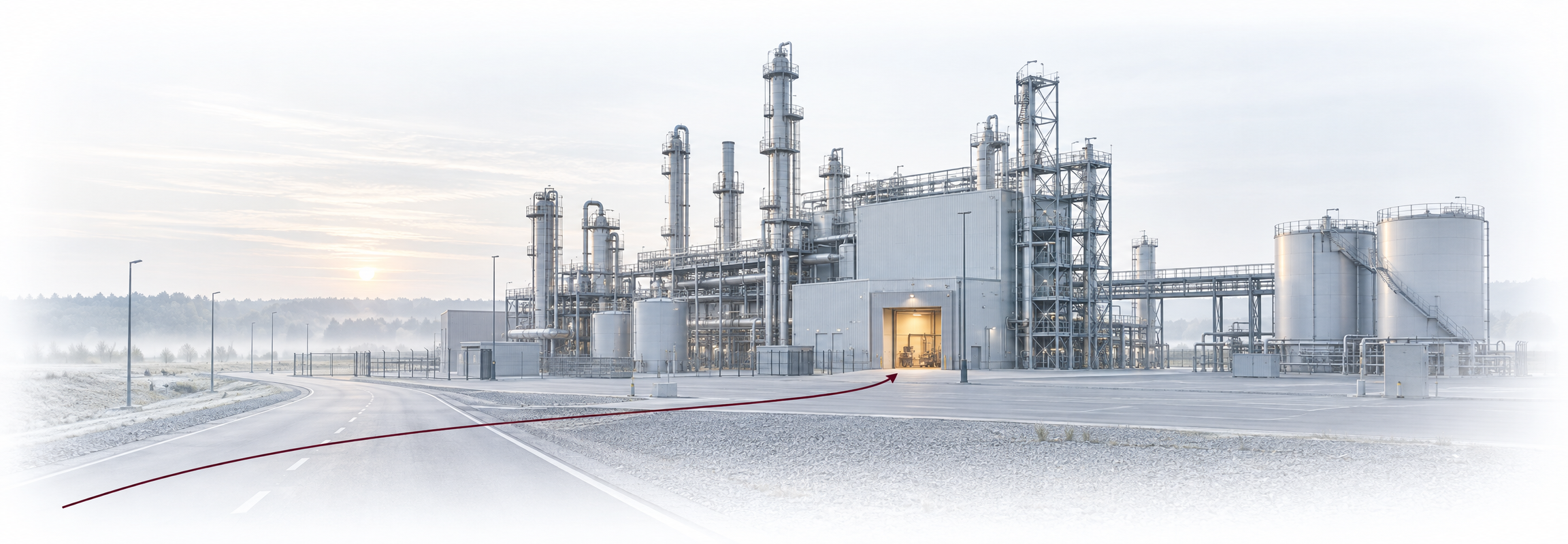 A process plant at dawn, quiet and orderly, one loading bay still lit, with a single route leading to it.