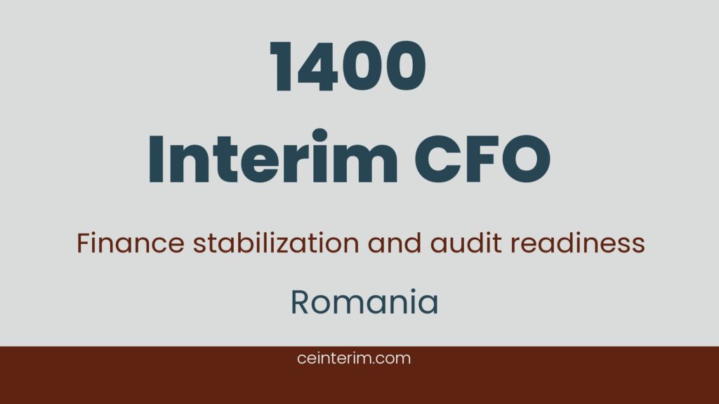 Interim CFOPróbált CFO szintű tapasztalat nemzetközi, teljesítményorientált környezetben Bizonyított képesség a kis pénzügyi csoportok stabilizálására és átszervezésére mérgező vagy magas kockázatú körülmények között Azonnali vagy nagyon rövid távú rendelkezésre állás a helyszíni vezetéshez az év végi zárás és az első könyvvizsgálat idejénFinanceRománia1400