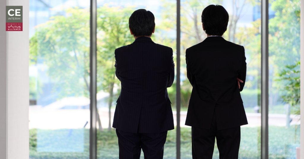 Two executives looking out of a window