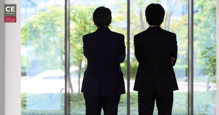 Two executives looking out of a window