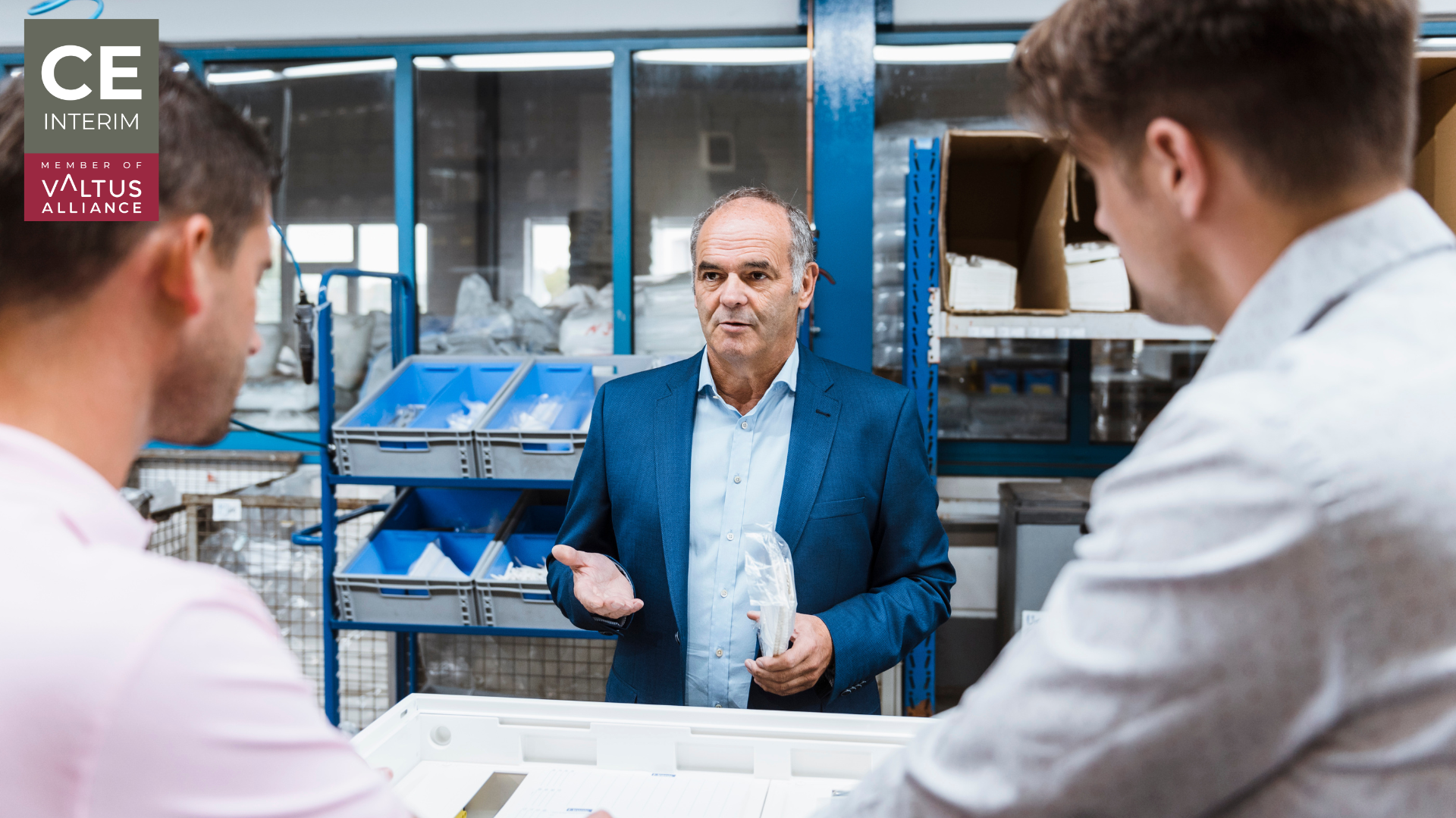 A senior interim executive transitioning from a Group-level briefing directly into a foreign manufacturing site.