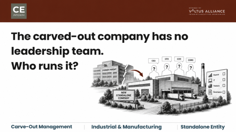 CE Interim article thumbnail about a carve-out leadership gap, showing a carved-out standalone company without a leadership team, missing CEO, CFO, COO and CHRO roles, and the headline “The carved-out company has no leadership team. Who runs it?”