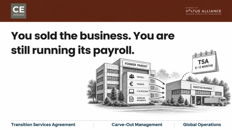 Seller transition services obligation after a divestiture, with the former parent continuing payroll, finance, IT systems and reporting for the sold business during the transition services period.