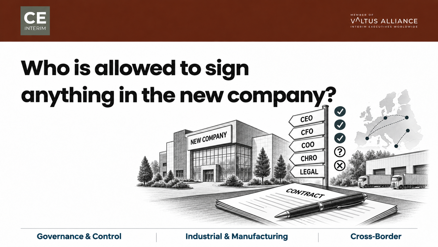 Standalone entity signing authority after a carve-out, showing a new company, contract signing, executive approval roles and cross-border governance responsibilities.