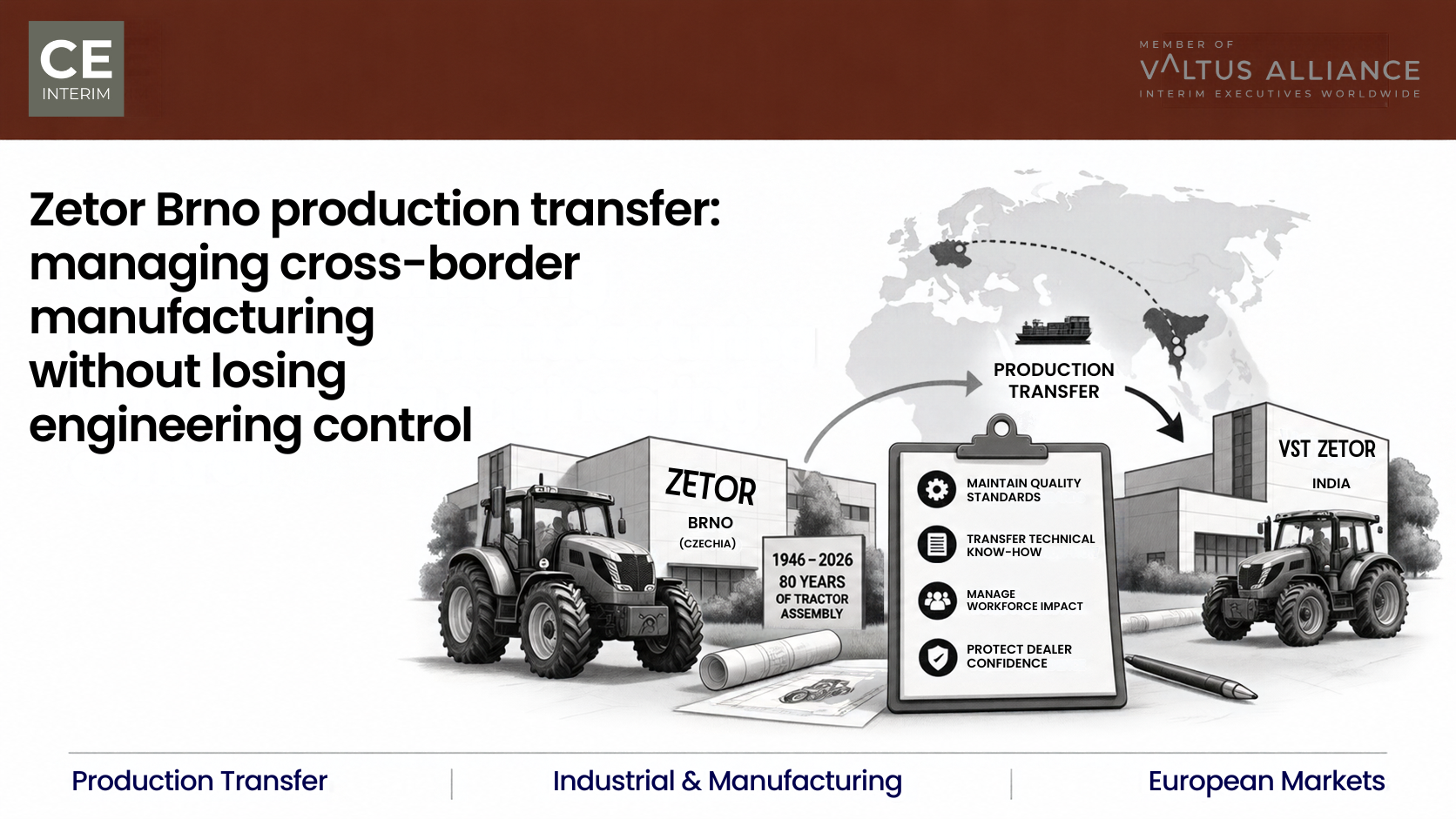 Zetor Brno production transfer to India showing tractor assembly moving from Czechia to VST Zetor while engineering control, quality standards, technical know-how and dealer confidence remain governed from Brno.