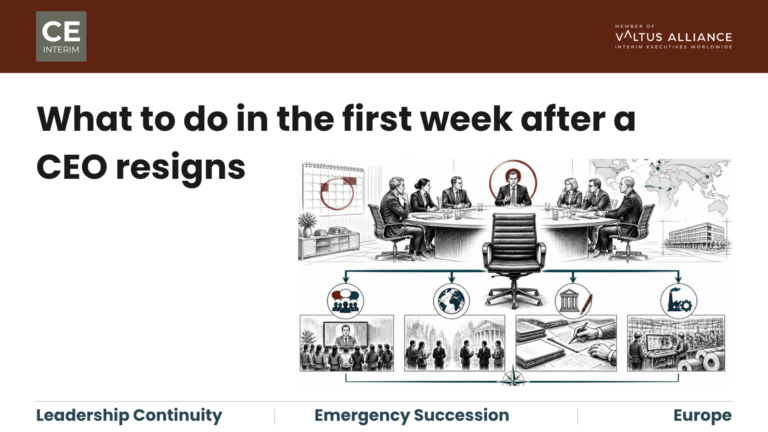 Emergency succession response after a CEO resignation, showing a clear decision holder restoring authority, communications and operational continuity in the first week.