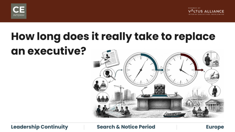 Two sequential clocks—a senior executive search followed by the incoming hire’s notice period - extending a European leadership vacancy.