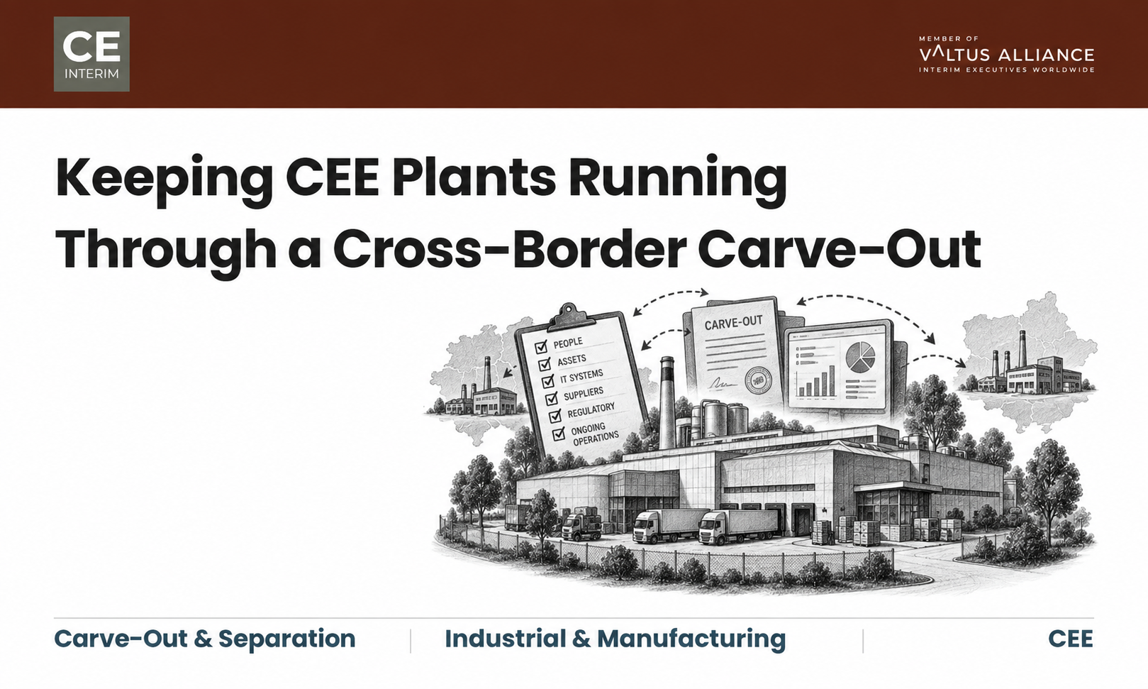 Illustration of a CEE manufacturing plant during a cross-border carve-out, showing factory operations, separation planning, systems dependencies and industrial continuity.