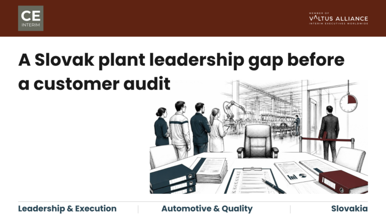 Slovak automotive plant facing a customer audit with an exposed site leadership gap and urgent need for accountable on-site management.