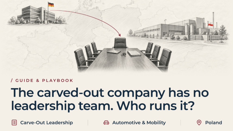 Graphite illustration of a boardroom table with empty chairs and an empty seat at its head in front of a Polish plant, linked by a burgundy route to the German group that sold the business.
