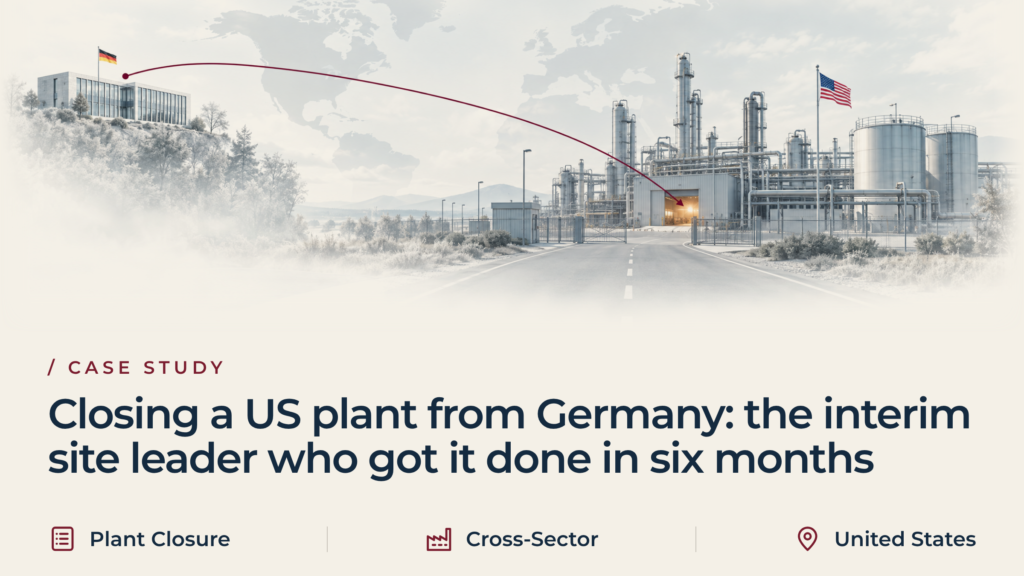 A German head office on the left and a quiet US process plant on the right, one route between them, for a case study on closing a US plant from Germany.