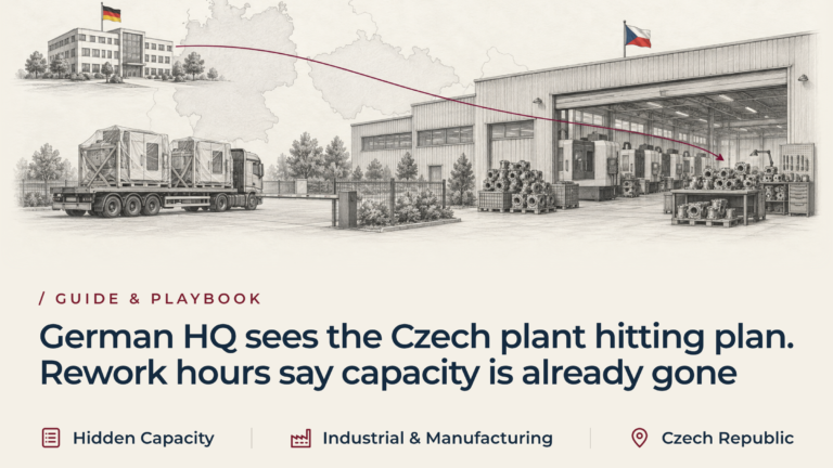 Graphite sketch of a Czech machining plant with rework benches and stacked gear housings, a lorry with two crated new machines waiting at the gate, and a burgundy route from a German head office.