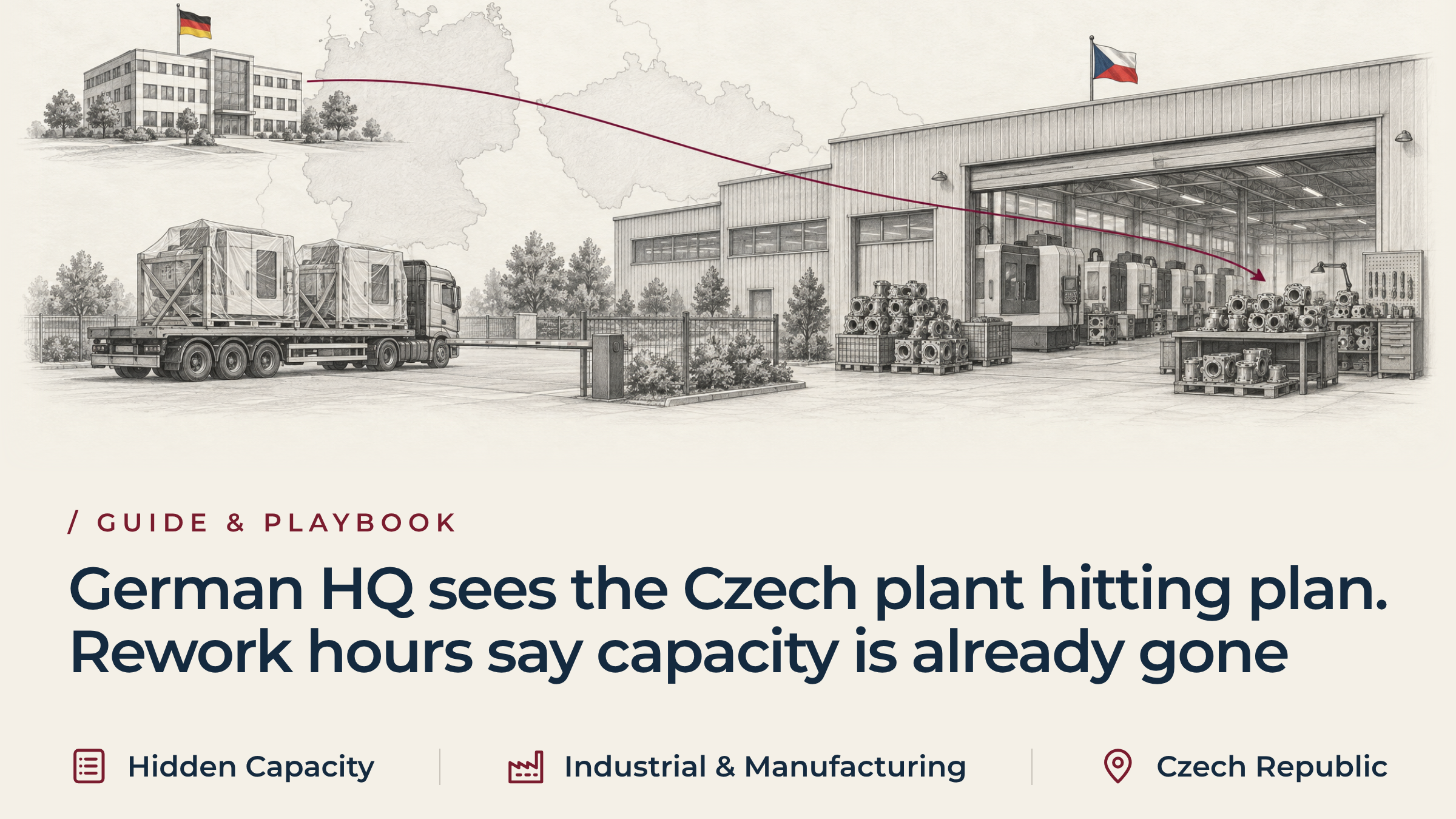 Graphite sketch of a Czech machining plant with rework benches and stacked gear housings, a lorry with two crated new machines waiting at the gate, and a burgundy route from a German head office.