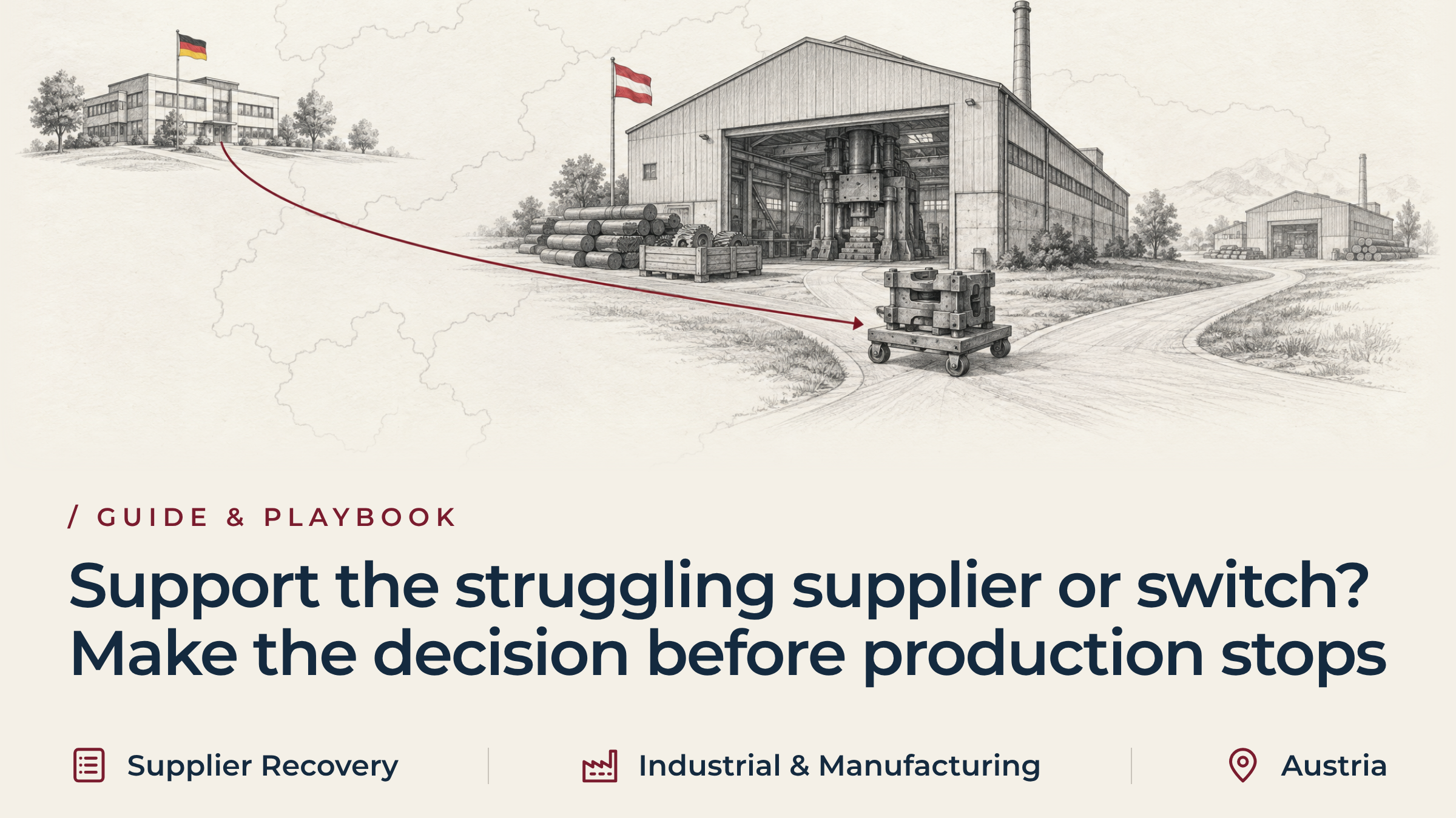 Graphite sketch of an Austrian forging plant with a die set on a trolley at a fork between the forge and a second supplier, linked by a burgundy route to a German head office.
