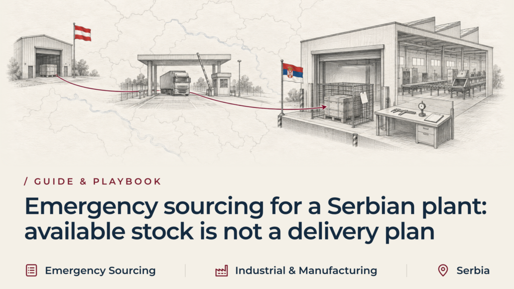 Graphite sketch of crates leaving an Austrian supplier warehouse, passing a border crossing and waiting in a quarantine cage at a Serbian plant's goods-in, next to an inspection bench, with a burgundy route linking them.