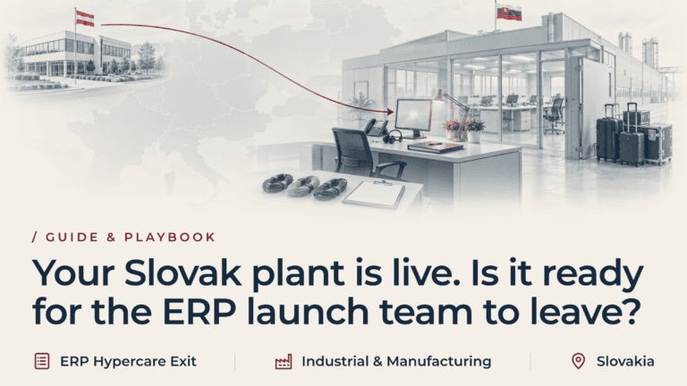 Austrian head office linked by a burgundy route to a support desk at a Slovak plant, with the ERP launch team's packed travel cases waiting by the project room exit.