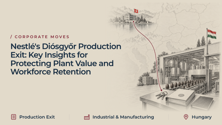 Graphite illustration of a running chocolate plant under a Hungarian flag, with keys, a certificate folder and a log book on a handover table, linked by a burgundy route to a lakeside head office under a Swiss flag.