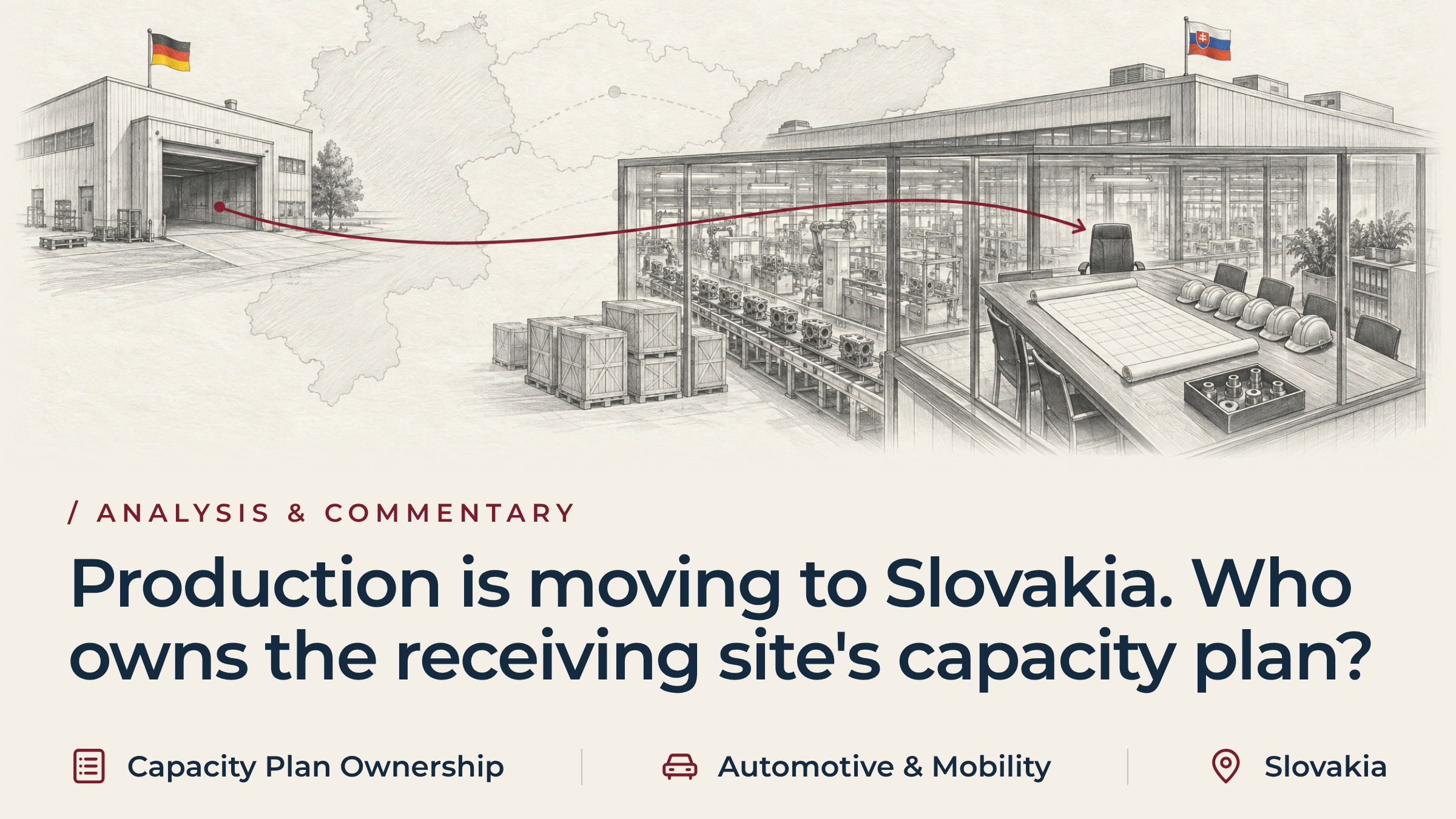 Pencil sketch of production moving from a closing German plant to a Slovak plant, where crated machines wait and the planning table for the capacity plan has an empty chair.
