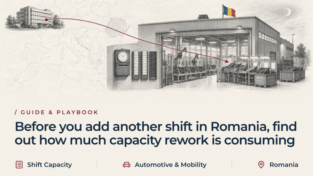 Schiță în grafit a unei fabrici auto din România, cu bancuri de reparații aglomerate lângă linia de producție, un punct de înregistrare a prezenței cu un suport gol pentru cartele de pontaj pentru noua tură și un traseu de culoare visiniu venind de la sediul central.