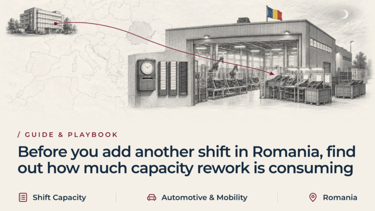 Grafitová skica rumunského automobilového závodu s přeplněnými opravárenskými stoly vedle výrobní linky, místem pro zaznamenávání docházky s prázdným stojanem na docházkové karty pro novou směnu a vínově červenou trasou z ústředí.