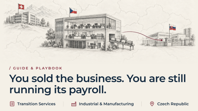 Graphite illustration of a Czech shared service centre, still processing pay envelopes and IT for a business its Swiss parent has sold, sending parcels along a conveyor and a burgundy route to the gate of the sold Slovak plant.