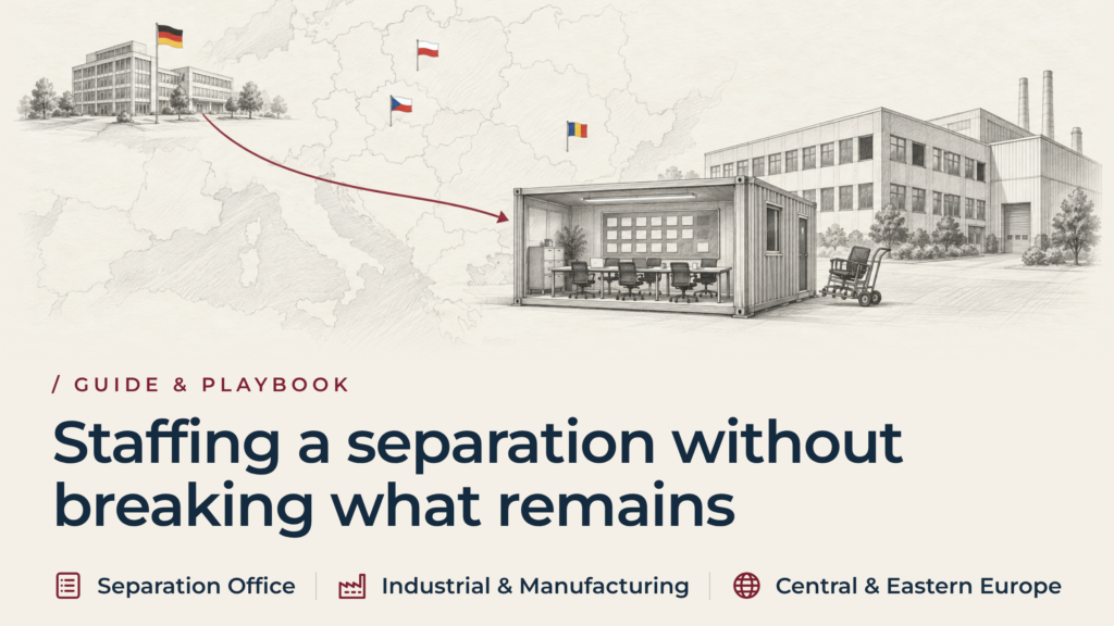 Illustration au graphite représentant un bureau de programme temporaire, avec un tableau composé de fiches vierges, situé à côté d'un bâtiment conservé aux fenêtres vides, relié par un tracé bordeaux au siège social allemand.