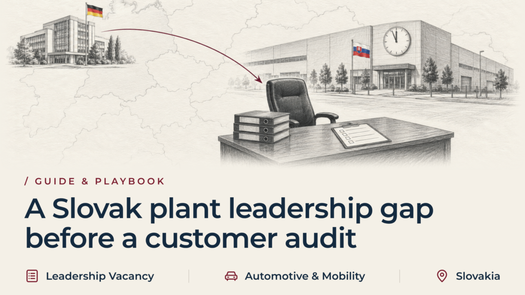 Ilustrație în grafit reprezentând un scaun de director gol, așezat la un birou pe care se află dosare de audit și o listă de verificare necompletată, în fața unei fabrici slovace al cărei ceas de pe fațadă indică ora puțin înainte de douăsprezece, legată printr-o linie de culoare burgund de sediul central din Germania.