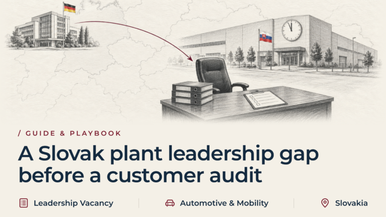 Graphite illustration of an empty site director's chair at a desk with audit binders and a blank checklist in front of a Slovak plant whose facade clock shows just before twelve, linked by a burgundy route to a German head office.