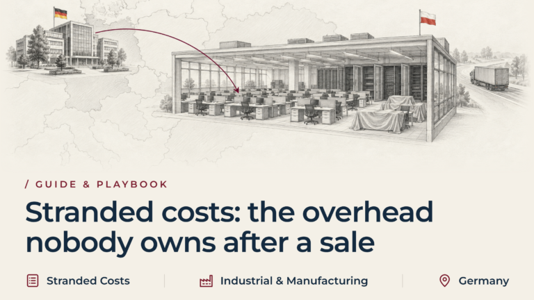 Graphite illustration of a Polish shared service centre with rows of empty desks, dust sheets and half-empty server racks, linked by a burgundy route to a German head office while a lorry carries the sold business away.