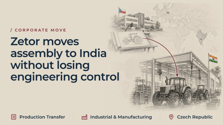 Graphite illustration of a tractor blueprint on a drafting table at the Brno engineering centre, linked by a burgundy route across a loose map to an Indian assembly hall where generic tractors stand on the line.